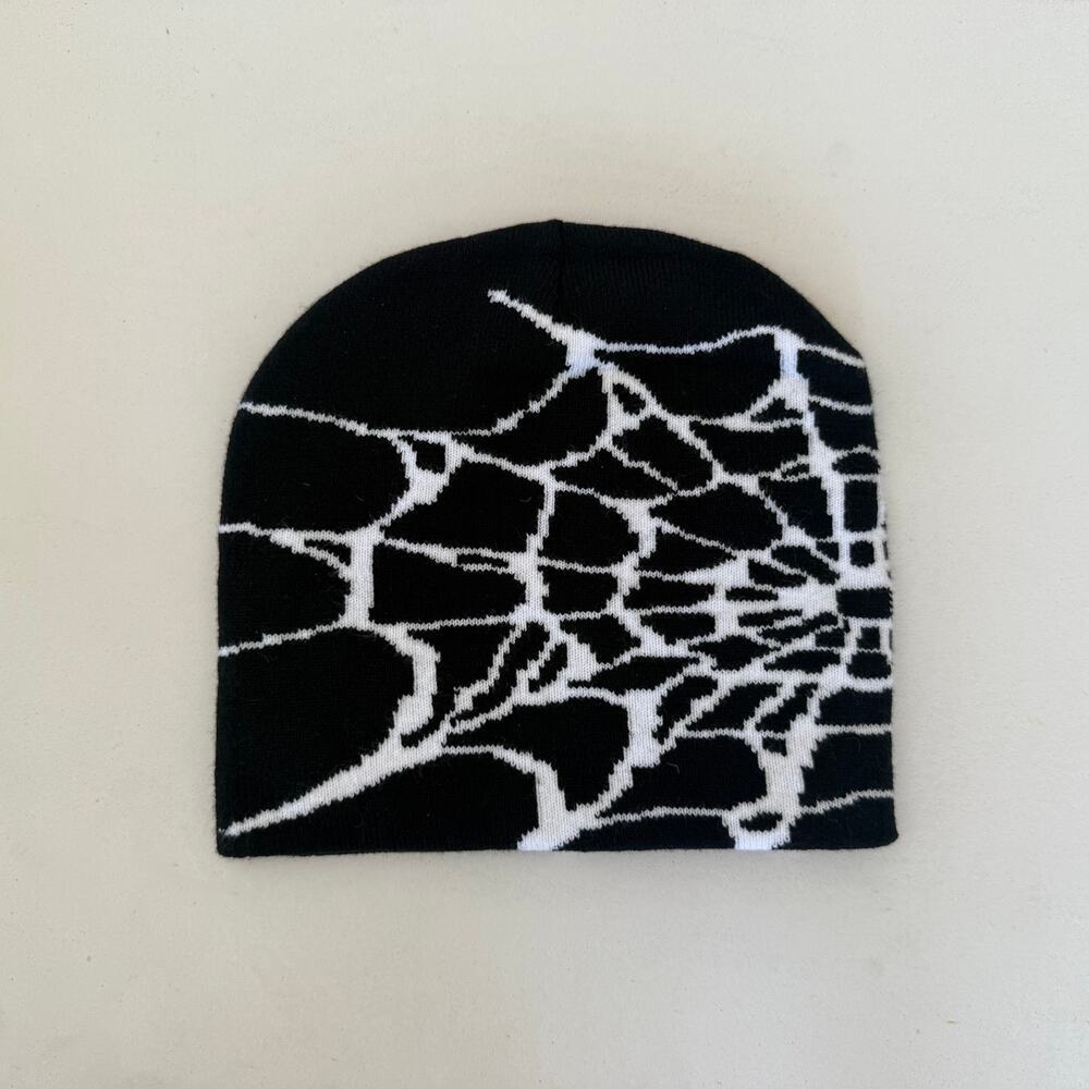 y2k 2000s black & white grunge gothic spiderweb beanie